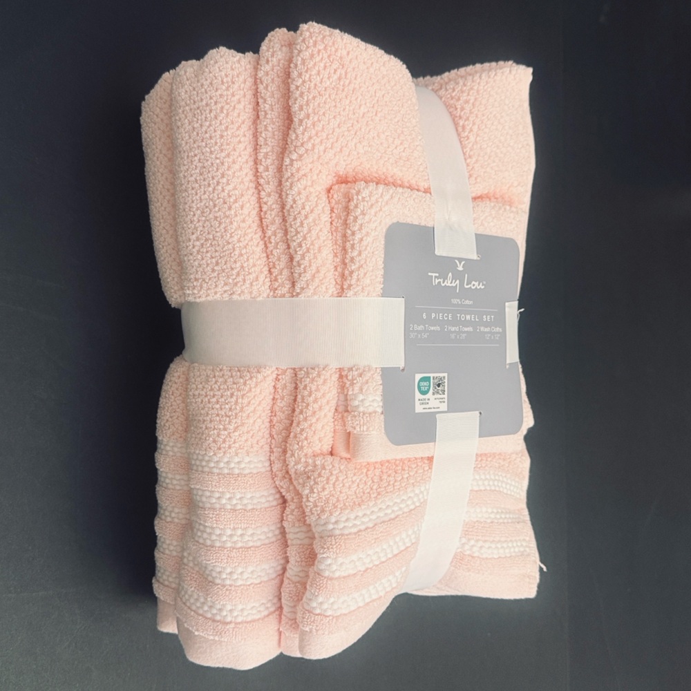 6pc TRULY LOU 100% Cotton Bath Towel Set - Dogwood Pink/White Stripes